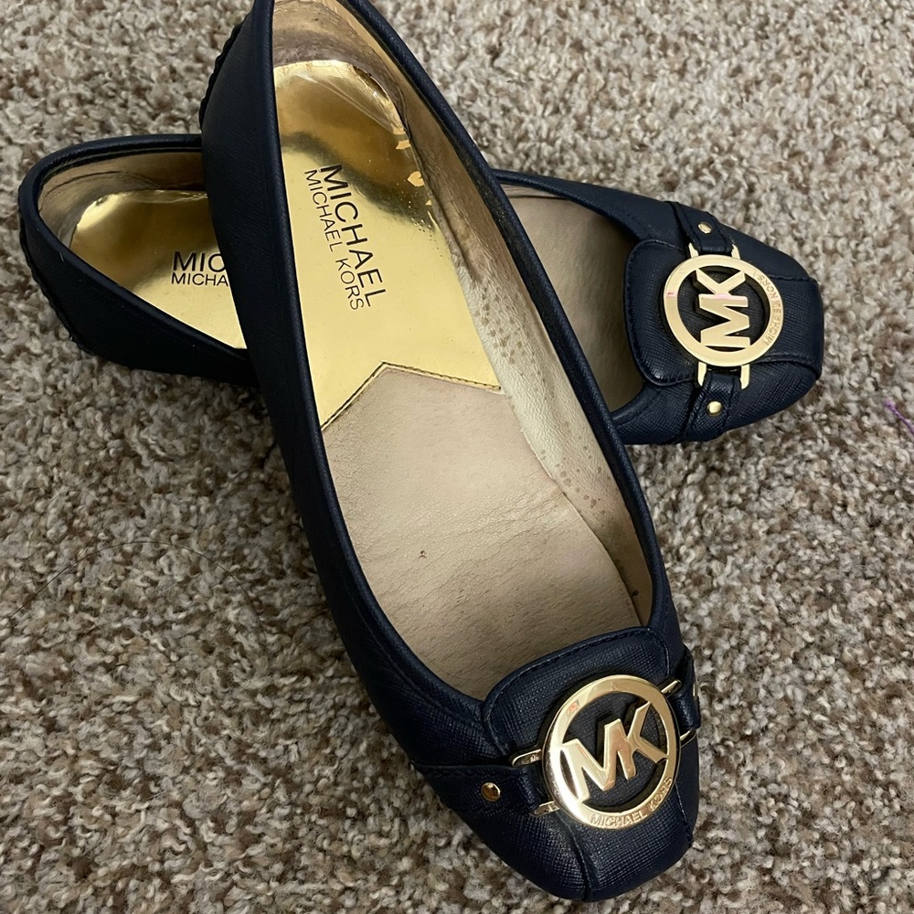 Michael Kors Blue Flats with Gold Logo and Slip-On Design